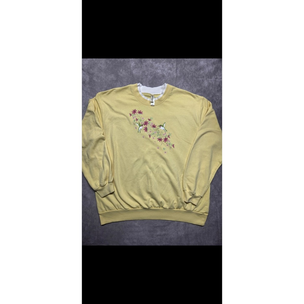 Vintage Yellow Crewneck Sweatshirt Hummingbirds XL Grannycore Cottagecore
